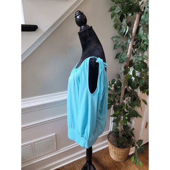 Cache Blouse Women's Size Large Blue Boat Neck Off-The-Shoulder Cold Shoulder - Picture 6 of 11